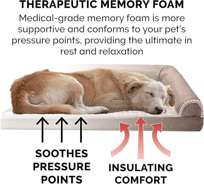 Furhaven Memory Foam Dog Bed for Medium/Small Dogs w/ Removable Bolsters & Washable Cover, For Dogs Up to 35 lbs - Luxe Faux Fur & Performance Linen Sofa - Woodsmoke, Medium