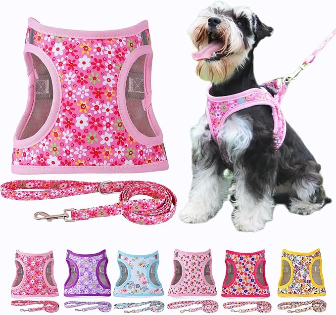 Moonpet Step in Dog Harness Leash Set- All Weather Reflective No-Pull Floral Pattern Padded Mesh Vest Harness for Cats Puppy Extra-Small Small Medium Large Dogs - Pink Flower - XS