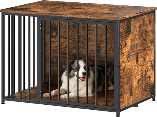 Dog Crate Furniture for Large and Medium Dogs, 36 Inch Wooden & Steel Decorative Indoor Kennel, Pet Cage End Table for Home, Escape-Proof & Chew-Proof, Rustic Brown