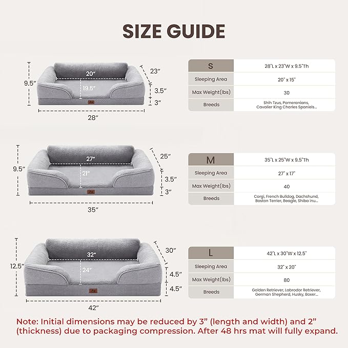 Orthopedic Dog Beds for Medium Size Dogs, Waterproof Egg-Crate Foam Pet Couch Bed with Soft Sides, Non-Slip Dog Sofa with Fleece Removable Washable Cover, 28"L Supportive Pet Sofa, Light Grey