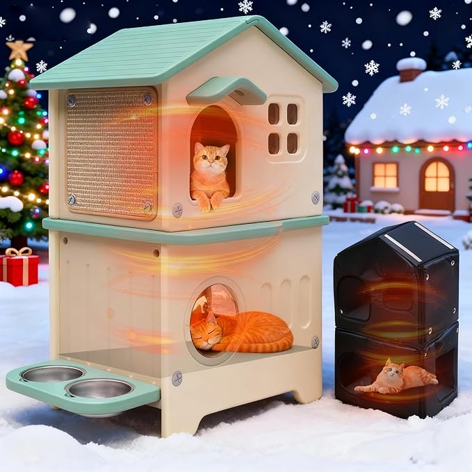 Rockever Outdoor Cat House with Insulated Liner, 100% Insulated Cat Houses for Winter Outside, 2 Story Waterproof Cat House For Outdoor Cats, Sturdy Stainless Steel Bowl & Scratching Post,Clean Easily