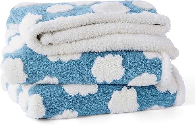 LE SURE Waterproof Dog Blanket for Large Dogs - Washable Double Sided Dog Blankets with Warm Jacquard Shag and Soft Sherpa Fleece, Pet Cat Blanket for King Bed Protection, 3D Textured Cloud, Blue