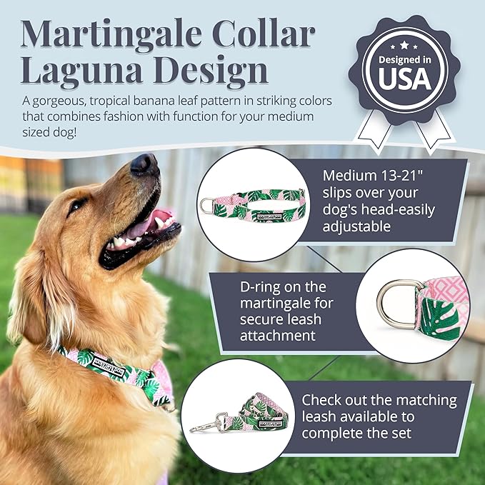 Lucky Love Dog Martingale Dog Collar - Adjustable, No-Slip, Comfortable, Durable, Soft Webbing & Stylish Patterned Collar for Male and Female Dogs Ideal for Training & Walking - Laguna, Medium