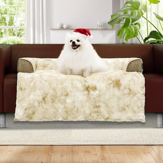 Calming Dog Couch Bed for Medium Dogs/Cats, 35 x 31 inch Waterproof Removable Dog Mat Couch Cover for Furniture Protector, Non-Slip Fluffy blunique Pet Bed for Couch, Sofa - Tie-Dye Khaki