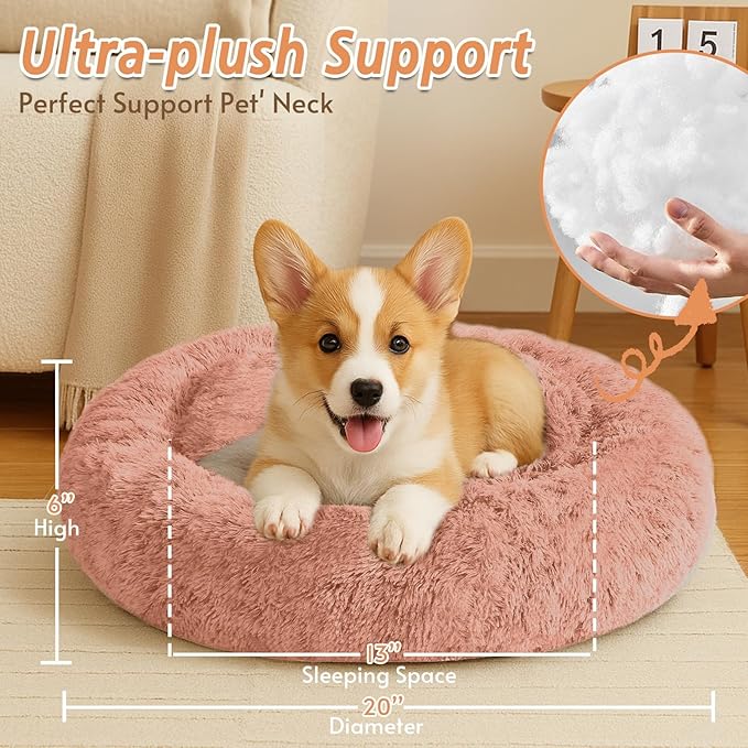 JOLLYVOGUE Small Dog & Cat Beds for Indoor Cats, Donut Cuddler Warming Soft Dog Beds with Anti-Slip Bottom, Round Calming Fluffy Plush Faux Fur Cushion Bed for Small Dogs (20", Peach Pink)