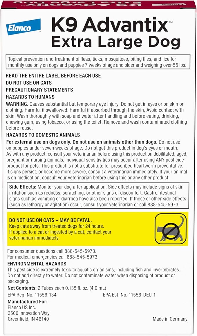 K9 Advantix Flea, Tick & Mosquito Prevention for Dogs Over 55 lbs. | Flea Drops for Extra Large Dogs | Apply Monthly | 2 Treatments (Pack of 2)