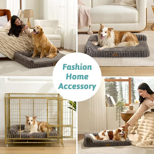 Cute Dog Bed, Faux Fur Orthopedic Foam Dog Bed with Sides, Removable Washable Cover & Waterproof Lining, Comfortable Pet Couch for Medium Dogs, Grey (36" L x 27" W x 6.5" Th)