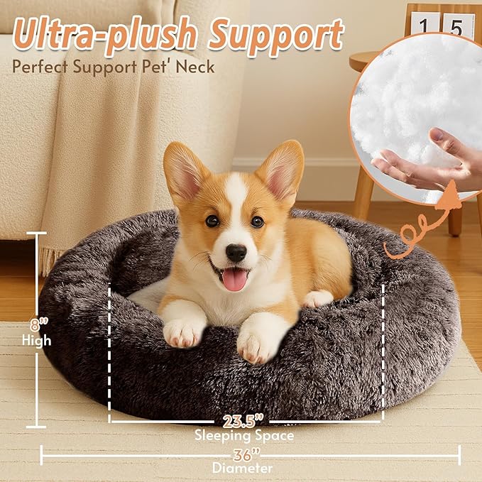 JOLLYVOGUE Small Dog & Cat Beds for Indoor Cats, Donut Cuddler Warming Soft Dog Beds with Anti-Slip Bottom, Round Calming Fluffy Plush Faux Fur Cushion Bed for Large Dogs (36")