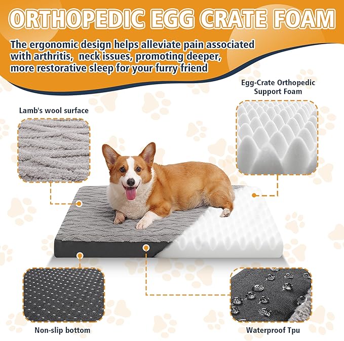 Orthopedic XL Dog Crate Bed - Waterproof Memory Foam Dog Mattress for Large Dogs, Plush Washable Cover & Non-Slip Bottom, Fits Kennels & Pet Crates, 41"x27" Grey