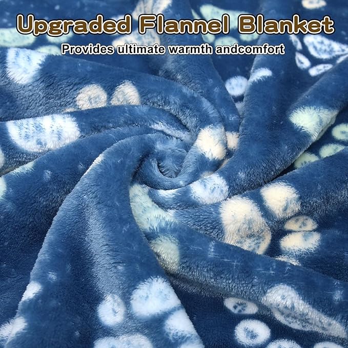 Flannel Pet Blankets for Large Dogs & Cats - Washable, Soft Mat Throw Cover for Kennel, Crate, Bed - Cute Paw Pattern - Navy Blue 60" x 80"