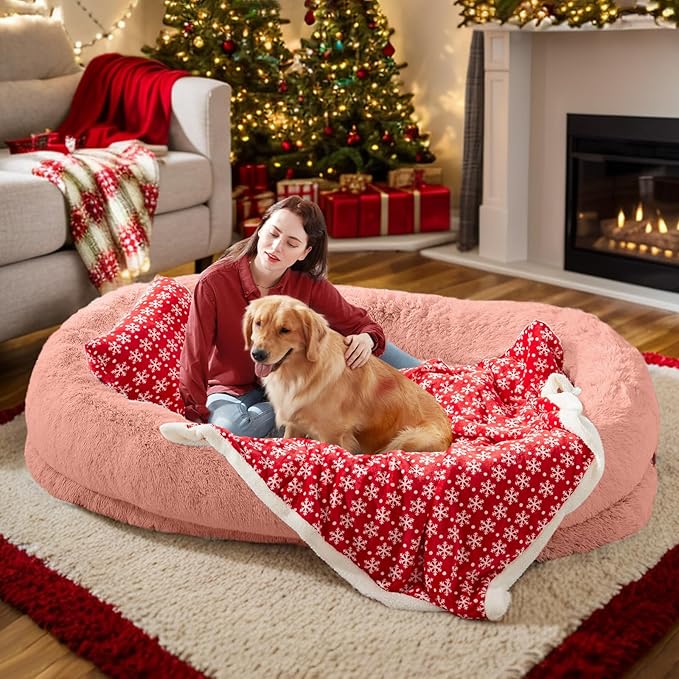 Human & Pets Washable Faux Fur Dog Bed - 71''x45''x12'' Orthopedic, Plump Pillow, Blanket, Strap - Pink