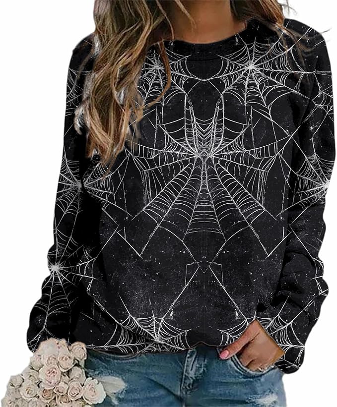 MARSVOVO Fall Sweatshirt for Women Novelty Spider Web Shirt Dressy Casual Crewneck Tunic Tops Spring Graphic Pullover