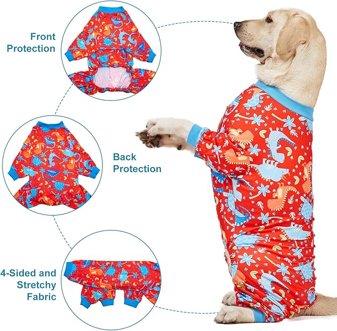 LovinPet Pitbull Dog Pajamas, Large Dog Onesies for Surgery Care, Lightweight Stretchy Knit Fabric, Dinosaur Jungle Red Print, Pet Clothes, UV Protection, Pet Anxiety Relief, PJ's for Dogs, 3XL
