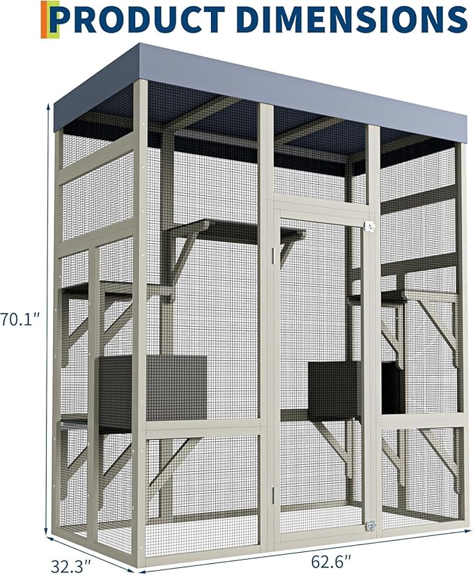 70-Inch Large Catio Enclosure, with Weatherproof Roof, UV-Protected, Wooden Frame and Rust-Resistant Steel Mesh, Cat House with 2 Lounging Boxes and Platforms, for Patio or Backyard