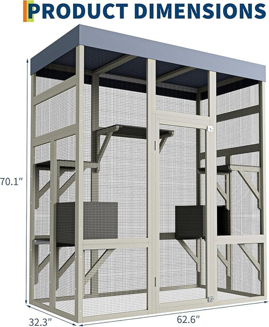 70-Inch Large Catio Enclosure, with Weatherproof Roof, UV-Protected, Wooden Frame and Rust-Resistant Steel Mesh, Cat House with 2 Lounging Boxes and Platforms, for Patio or Backyard