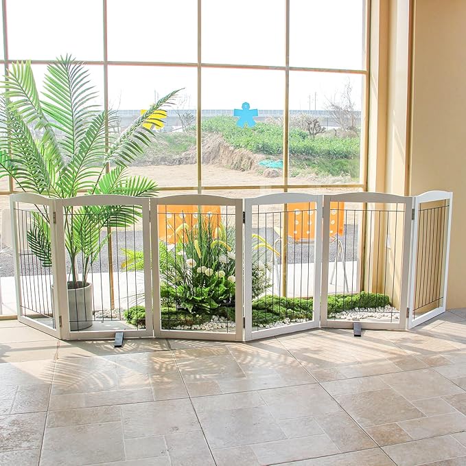 ZJSF Freestanding Dog Fence Indoor, Foldable Dog Gate for Doorways, Stairs or Hallways, Sturdy Wood Extra Wide Pet Gate with Support Feet for The House, White, 32 "Height-6 Panels