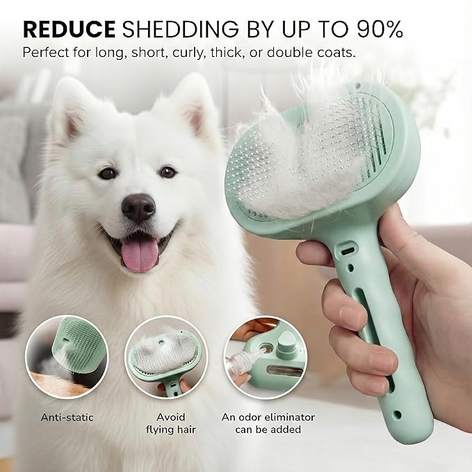 3-in-1 Anti-Static Pet Steam Brush for Dogs & Cats - Steam Clean, Calming Massage & Self-Cleaning Hair Ejection, Quick Heat-Up, USB-C Rechargeable, Low-Noise Deshedding & Dematting - Green