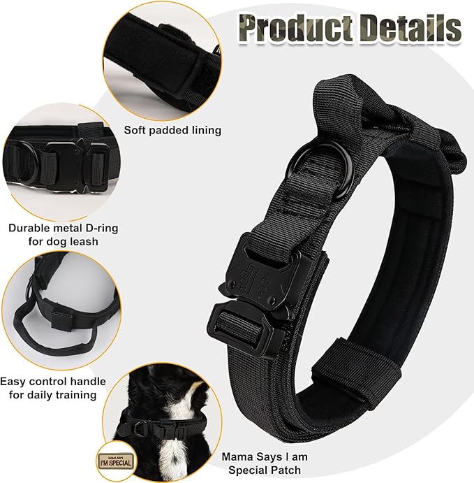 KCUCOP Tactical Dog Collar - Military Collar with Handle - K9 Thick Adjustable Heavy Duty Dog Collars for Large and Medium Dogs (Black, L)