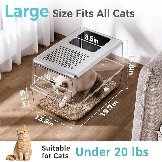 Petinstinct Large Enclosed Stainless Steel Litter Box with Lid, 19.7"x13.8"x13.8" High Sided Metal Cat Litter Box for Indoor Cats, Covered Dog Proof Kitty Litter Pan, Odor Free Tray, Non Sticky, L