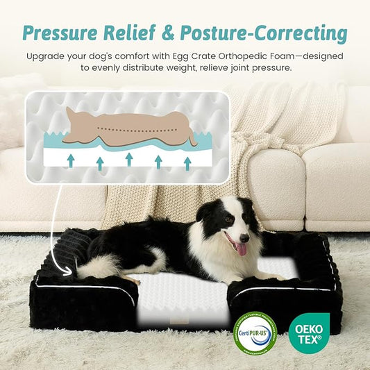 Orthopedic Dog Bed for Extra Large Dog, Faux Fur Giant Pet Sofa, Big Foam Bolster Couch with Waterproof Lining Cover, Anti-Slip, Soft, Warm, Washable, C-Shaped, XXL 48x35x8 inch, Black