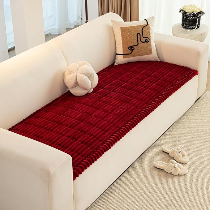 Christmas Faux Fur Plush Dog Couch Cover, 3D Stripe Fuzzy Sofa Covers, Non-Slip Fluffy Dog Bed Cover Pet Blanket, Washable Furniture Protector for Puppy Cat (Red,35"x47")