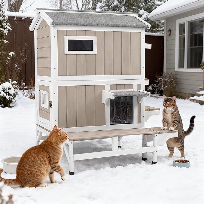 2 Story Insulated Outdoor Cat House Weatherproof Feral Cat Shelter for Winter Outside Cat Houses for 2-3 Cats Indoor Pets Condo with Waterproof Roof & Escape Door, 6.3" Raised Base & Balcony