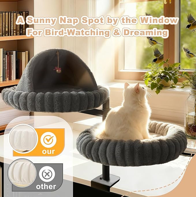Dogpals 2-in-1 Cat Desk Bed: 360° Rotating & Height Adjustable Cat Tree with Semi-Enclosed & Open Layers, No-Drill Clamp for Desk up to 1.18" Thick, Supports 9lbs for Office