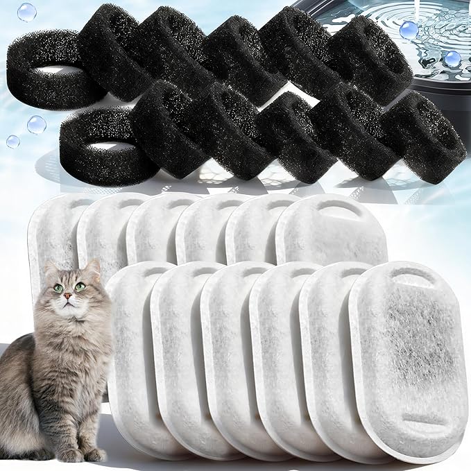 24 Pack Cat Water Fountain Filter, Cat Fountain Replacement Filters for Stainless Steel Pet Dispenser, 12 Filters with 12 Sponges Pet Fountain Filter Replacement
