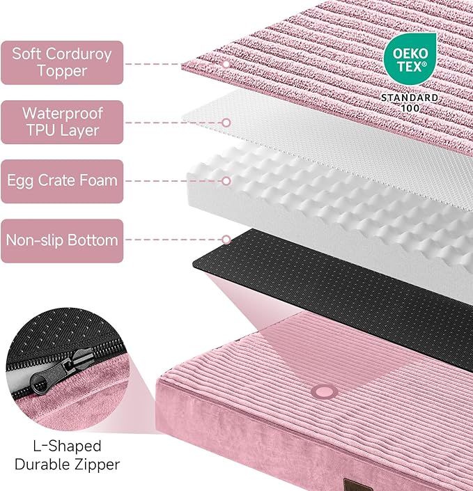 OhGeni Orthopedic Waterproof & Machine Washable Dog Bed for Large Pets, Suitable for Crates, Cat Mat with 25D Egg Crate Foam, Non-Slip Bottom & Removable Cover, 41 Inches(Pink)