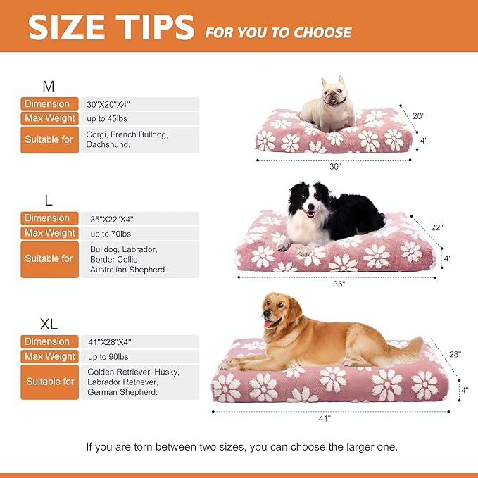 Dog Beds for Small Medium Dogs, Cute Thick Dog Bed for Crate Kennel, Fluffy Pet Bed with Removable Washable Cover and Anti-Slip Bottom, 30"x 20", Pink Flower