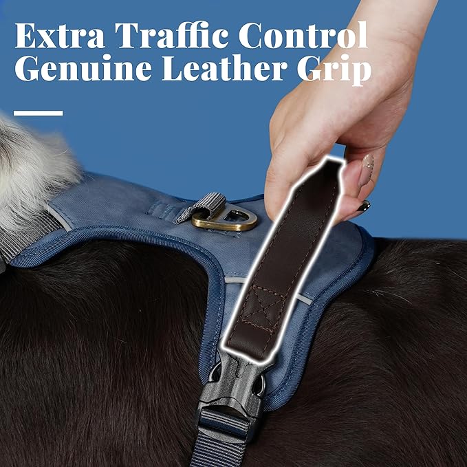 No Pull Dog Harness Medium Sized Dog,Stylish PU Leather Vest with Easy Control Handle,No Choke Front Clip with 2 Metal Leash Clips,Reflective & Adjustable for Walking,Blue,Chest 27-33"