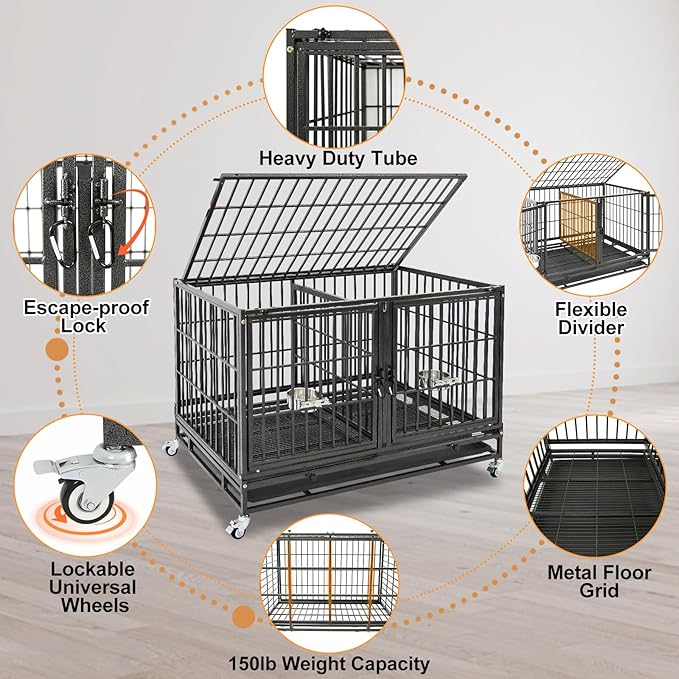 Homey Pet 3 Pack Three Tiers 43 inch Stackable Heavy Duty Dog Crate with Wheels, Indestructible Steel Dog Cage Kennel Indoor with Detachable Divider, Trays, Feeding Bowls, Escape Proof Locks
