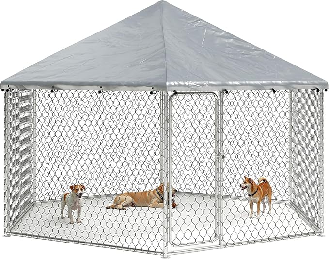 9.1x9.1 FT Large Outdoor Dog Kennel Outside, Heavy-Duty Galvanized Wire Mesh Dog Enclosure with Waterproof Cover & Secure Lock, Hexagonal Cage for Large Dogs