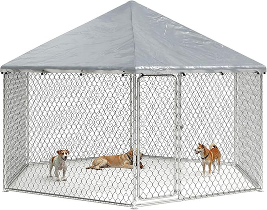 9.1x9.1 FT Large Outdoor Dog Kennel Outside, Heavy-Duty Galvanized Wire Mesh Dog Enclosure with Waterproof Cover & Secure Lock, Hexagonal Cage for Large Dogs