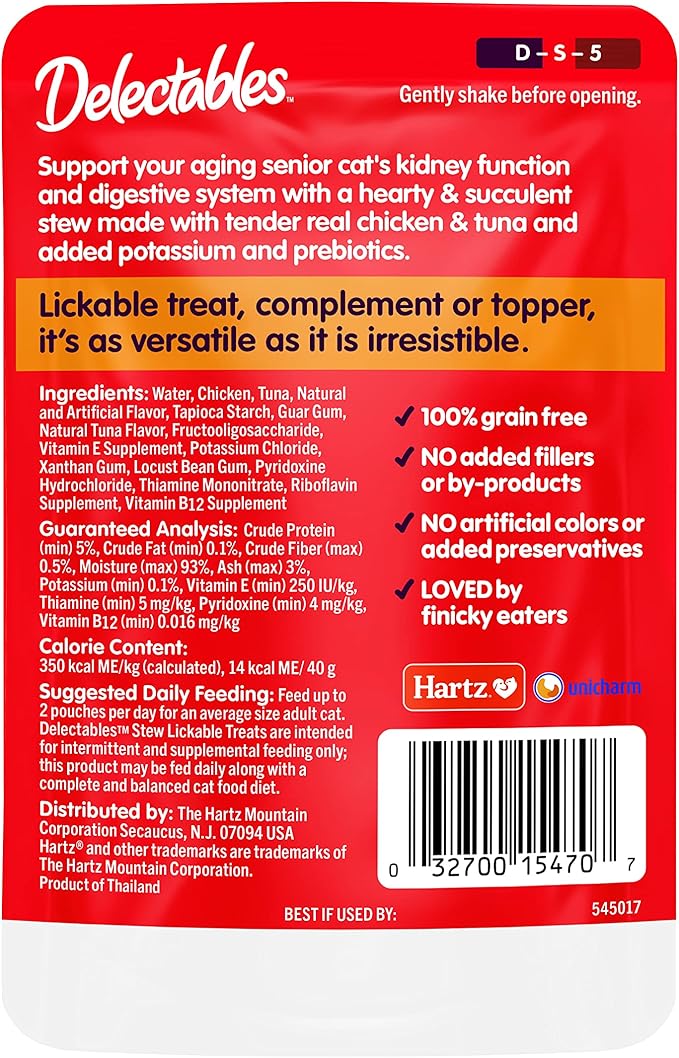 Delectables Lickable Treat Stew Senior 15+ Wet Cat Treat with Real Chicken & Tuna, Food Topper, Hydrating, Grain-Free, No Fillers, No By-Products, No Added Preservatives, 1.4oz Pouch, 12ct