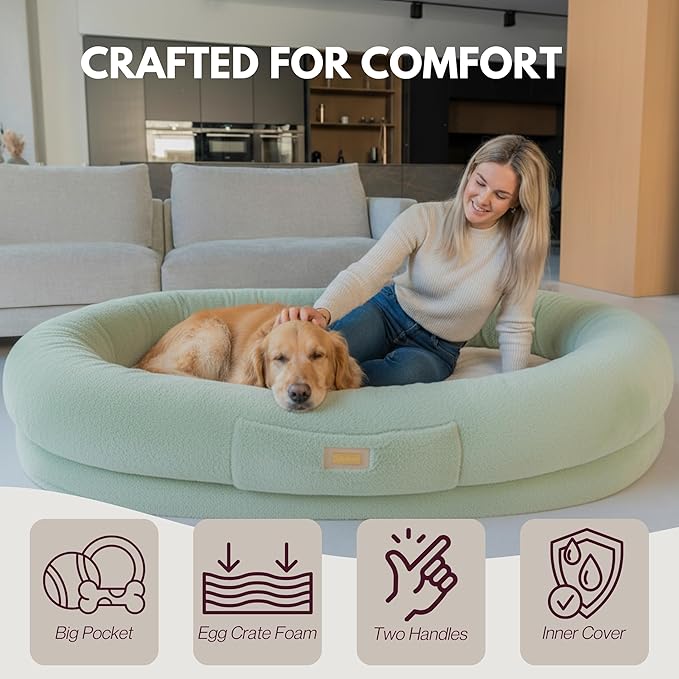 Human Dog Bed for Adults & Pets – Extra Large Cozy Lounger with Ultra-Soft Plush Fabric, Premium Egg Crate Foam & Removable Washable Cover – Oversized Pet Bed for Relaxation & Bonding (Green & Beige)
