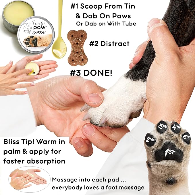 The Blissful Dog Paw Butter, Moisturizer for Dry Paw Pads, Softens and Protects a Rough Paw in Winter, Versatile, Lick-Safe Dog Paw Pad Balm, 0.50 oz.
