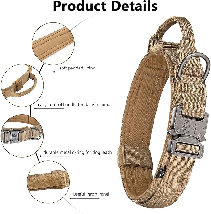 Tactical Dog Collar and Leash Set Heavy Duty Military Dog Collar with Handle and Metal Buckle for Medium and Large Dogs (Brown, L)