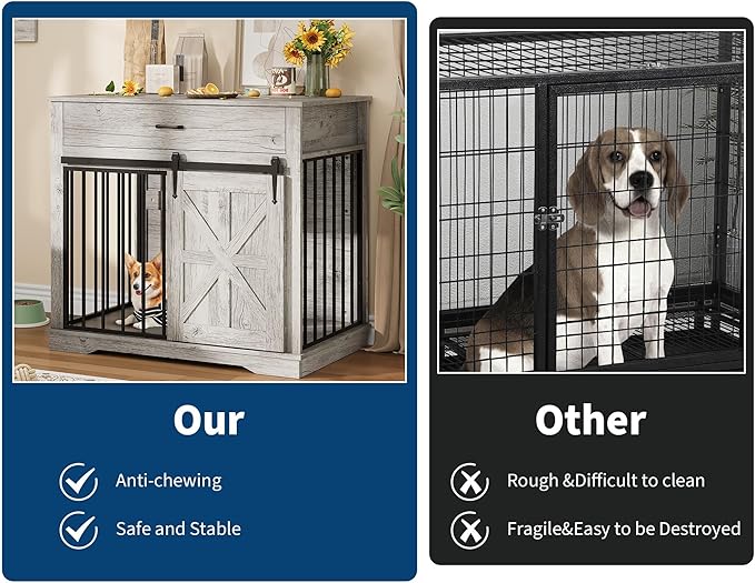 37.8" Dog Crate Furniture for Small Medium Dogs, 2-in-1 Iron-Wood Fusion Dog Cage Indoor As Side End Table, Farmhouse Dogs Kennel with Sliding Barn Doors & Drawer, Grey