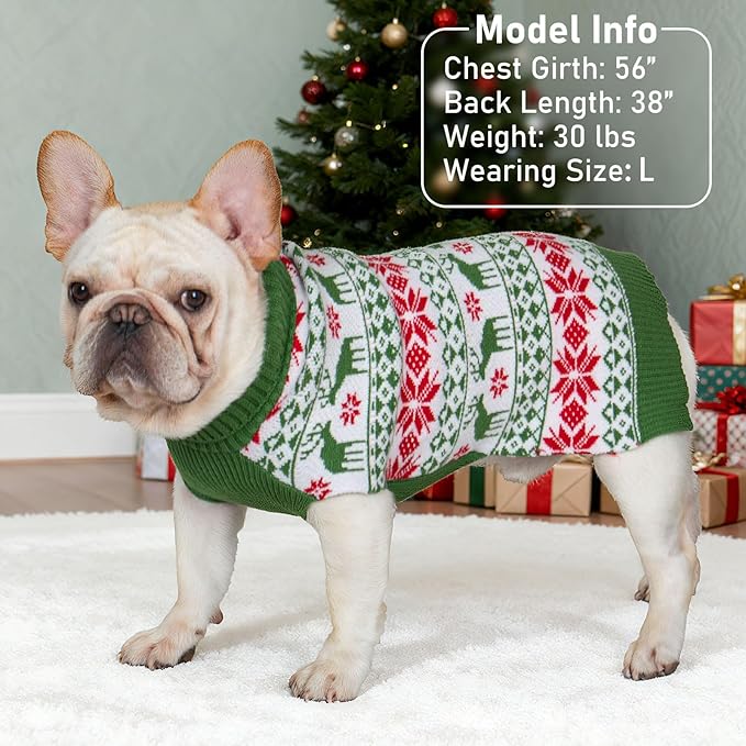 KYEESE Dog Christmas Sweater, Cozy Turtleneck Dog Sweater for Small Dogs Boy Girl with Snowflake & Reindeer Pattern, Soft Knit Winter Outfit with Leash Hole, Warm Pet Clothes, Large
