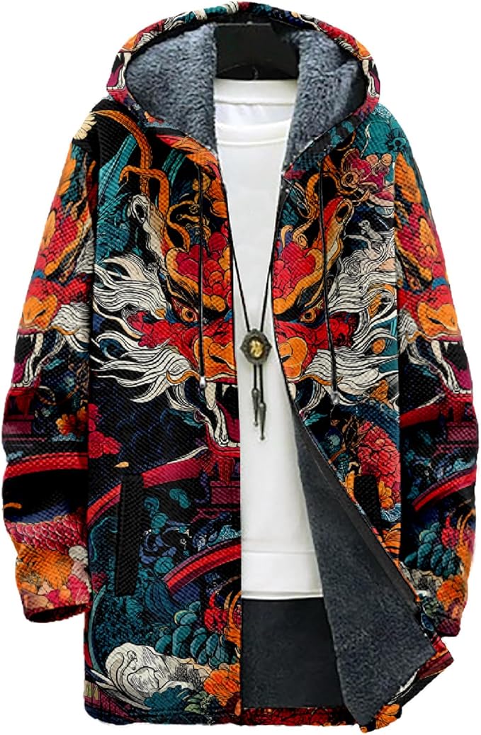 MARSVOVO Cool Hippie Long Cardigan Hoodies for Men Zipper Fleece Lined Knit Coat Skull Animal Print Graphic Jackets