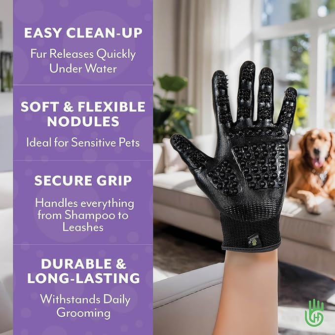 HandsOn Pet Grooming Gloves - #1 Ranked, Award Winning Shedding, Bathing, & Hair Remover Gloves for Cats, Dogs, and Horses (Green / Black, Large)