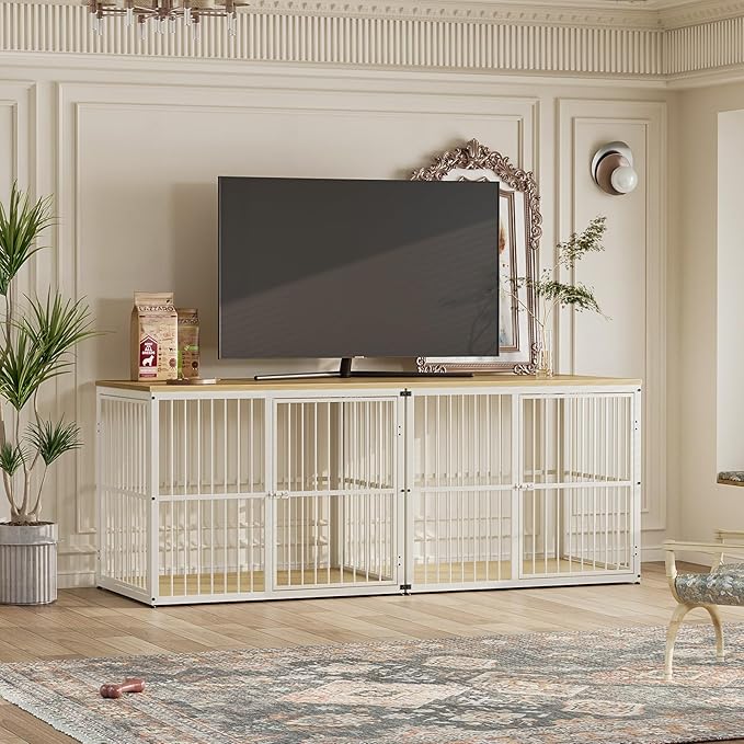 Lyromix 86.62'' Dog Crate Furniture Large Breed TV Stand with Double Rooms for 2 Large Medium Dogs, Wooden Indoor Kennel Crate Cage End Table with Removable Divider, Can Use Separately, Natural Beech