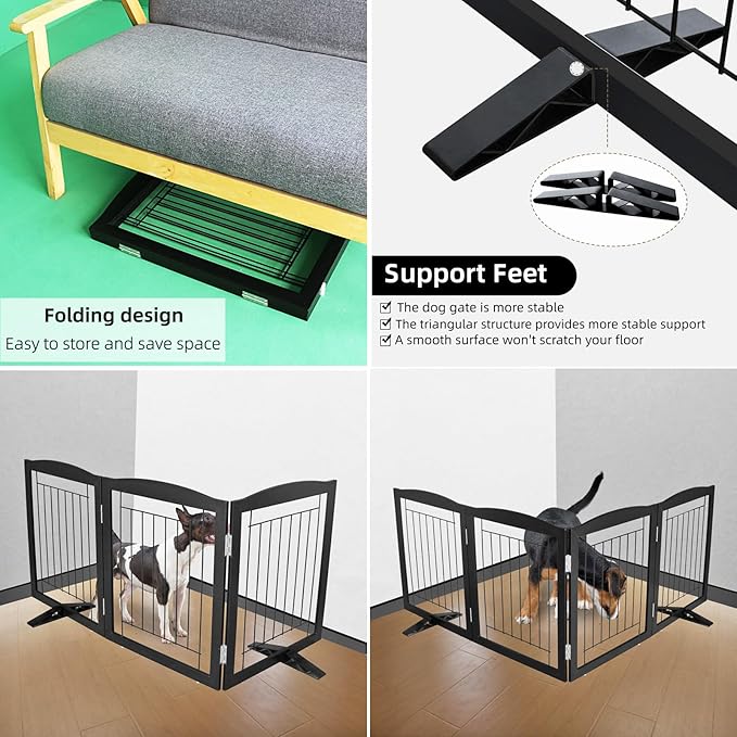 ZJSF Freestanding Dog Fence Indoor, Foldable Dog Gate for Doorways, Stairs or Hallways, Sturdy Wood Extra Wide Pet Gate with Support Feet for The House, Black, 32 "Height-3 Panels
