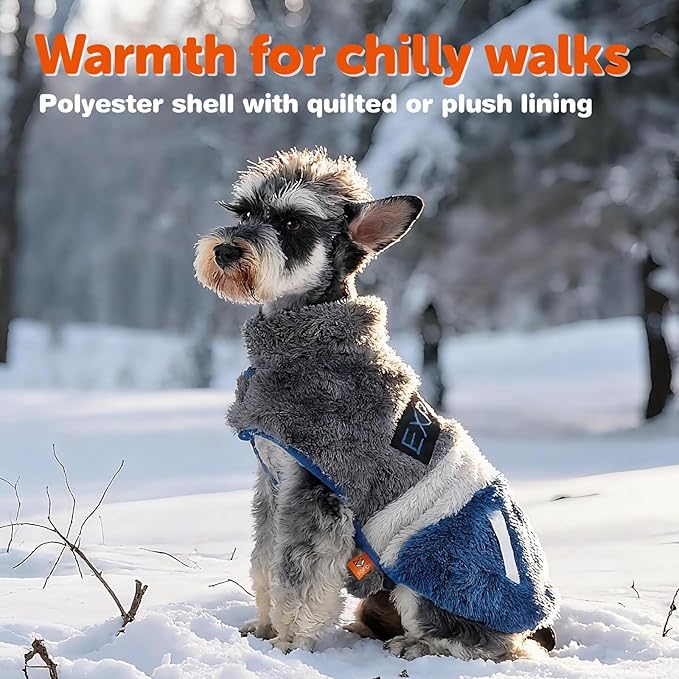 FOFOS Dog Winter Coat, Plush Dog Jacket with Leash Hole, Adjustable Warm Pet Snow Vest for Small Medium Dogs, Gray, XL