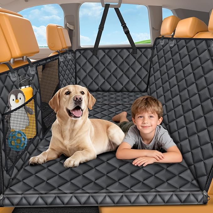 URPOWER Backseat Extender for Dogs - Hard Bottom Dog Car Seat Cover for Back Seat, Dog Hammock for Car, SUV, and Truck, Pet Rear Seat Protector Dogs Travel Bed with Mesh Window & Side Flaps