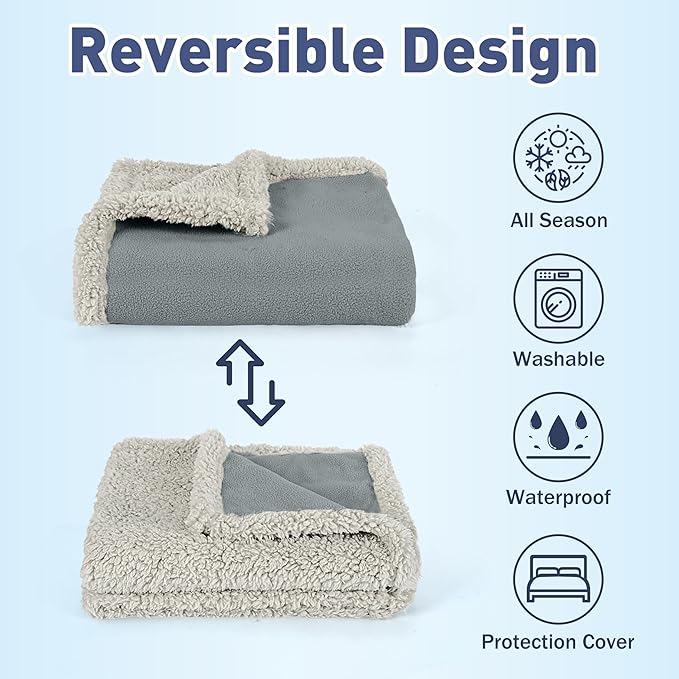 Waterproof Blanket,Pee Proof Couch Sofa Bed Protector Cover for Baby,Super Cozy Plush Fleece Warm Sherpa Lining Throws and Blankets for Boating Camping 60"x50" Grey By Catalonia