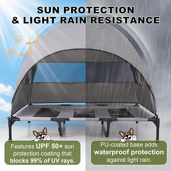 Large Raised Dog Bed with Removable Shade Canopy, Breathable & Waterproof Outdoor Pet Cot for Dogs up to 110 Lbs, Durable Steel Frame Dog Camping Bed for Lawn, Porch, Beach or Indoor Resting