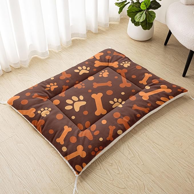 Dog Crate Bed Washable Crate Pad Cartoon Paws Bone Printed Soft Fluffy Pet Sleeping Mat for Large Medium Small Animals(Bone-4 S)