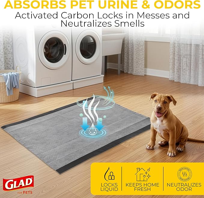 Glad for Pets JUMBOSIZE/XL Charcoal Puppy Pads, AllinOne Black Training Pads That ABSORB & Neutralize Urine Instantly New & Improved Quality, 50 Count (Pack of 1)